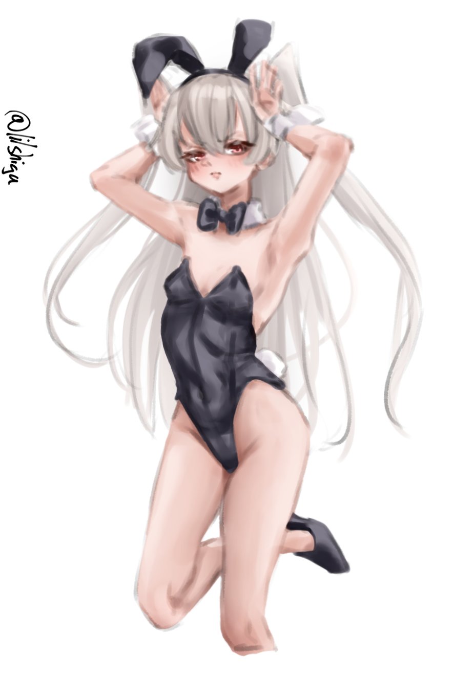 lilshigu, amatsukaze (kancolle), kantai collection, highres, 1girl, animal ear hairband, animal ears, black bow, black bowtie, black leotard, black shoes, bow, bowtie, breasts, brown eyes, detached collar, fake animal ears, grey hair, hairband, high heels, leotard, long hair, one-hour drawing challenge, playboy bunny, rabbit ears, rabbit pose, rabbit tail, shoes, simple background, small breasts, solo, standing, standing on one leg, strapless, strapless leotard, tail, twitter username, two side up, white background, wrist cuffs