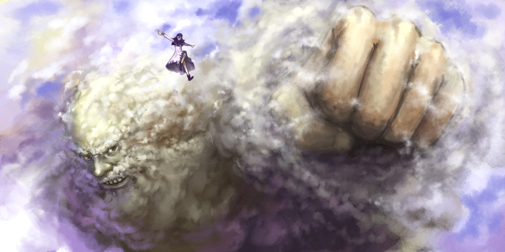 lieqi hun, kumoi ichirin, unzan, touhou, bad id, bad pixiv id, 1girl, beard, blue hair, clenched hand, cloud, dress, epic, facial hair, fist bump, flying, foreshortening, hood, punching, sky
