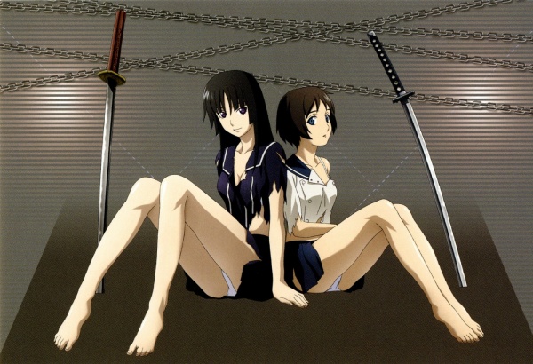 isayama yomi, tsuchimiya kagura, ga-rei, ga-rei zero, 00s, barefoot, feet, panties, sword, torn clothes, underwear, weapon