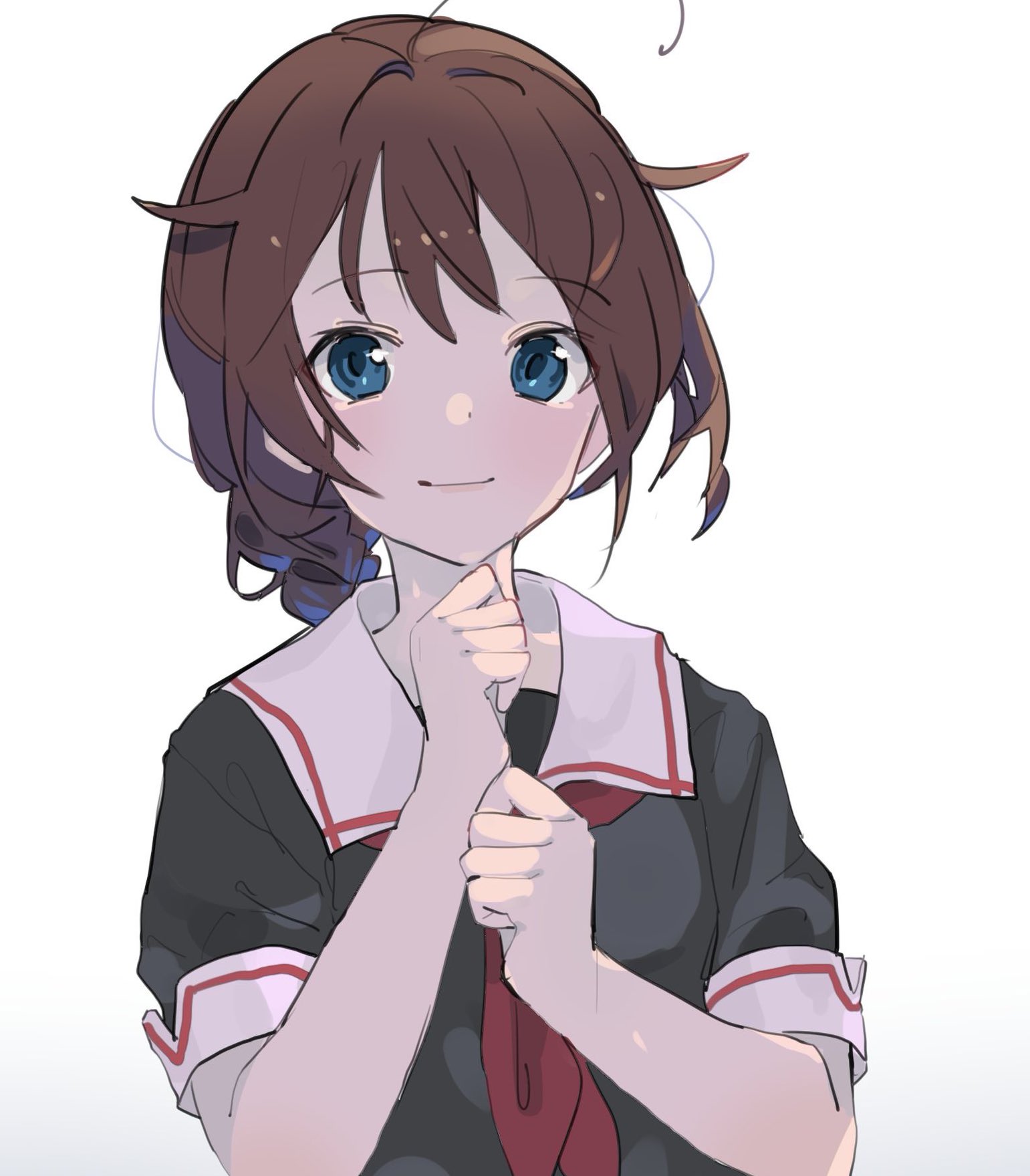 nanana (sp6z7fa9), shigure (kancolle), shigure kai ni (kancolle), kantai collection, highres, 1girl, black hair, black serafuku, black shirt, blue eyes, braid, hair flaps, long hair, neckerchief, red neckerchief, sailor collar, sailor shirt, school uniform, serafuku, shirt, simple background, single braid, solo, upper body, white background, white sailor collar