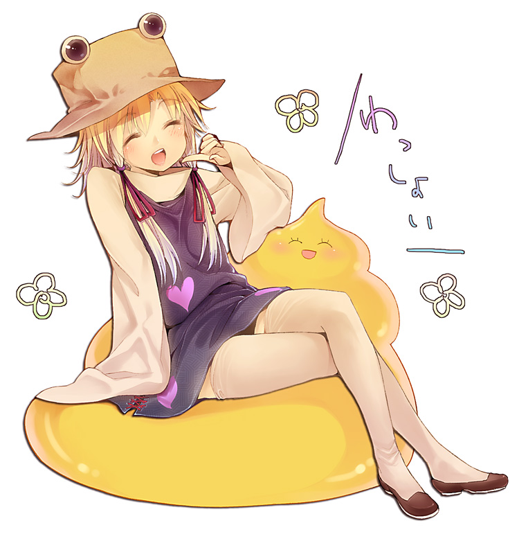 buriki, moriya suwako, touhou, bad id, bad pixiv id, 1girl, blonde hair, closed eyes, crossed legs, female focus, finger to mouth, hat, poop, sitting, smile, solo, thighhighs, white thighhighs