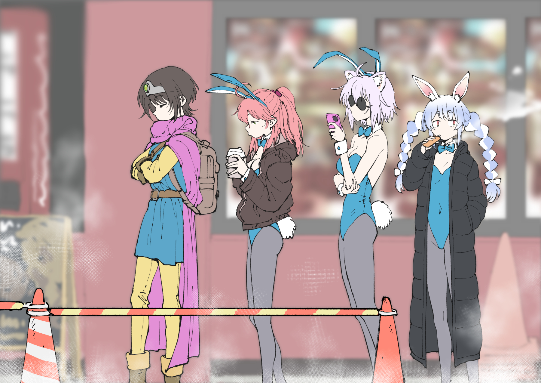 henriiku (ahemaru), hero (dq3), nekomata okayu, oozora subaru, sakura miko, usada pekora, dragon quest, dragon quest iii, hololive, commentary request, highres, 4girls, ahoge, animal ear fluff, animal ear hairband, animal ears, arm under breasts, backpack, bag, belt, black coat, blue bow, blue bowtie, blue dress, blue hair, blue leotard, bow, bowtie, braid, breasts, brown bag, brown belt, brown hair, brown jacket, cellphone, cleavage, cloak, coat, cosplay, crossed arms, cup, disposable cup, down jacket, dress, fake animal ears, from side, grey pantyhose, hairband, hand in pocket, hand on own elbow, hero (dq3) (cosplay), holding, holding cup, holding photo, jacket, leotard, multicolored hair, multiple girls, open clothes, open coat, outdoors, pants, pantyhose, phone, photo (object), pink hair, playboy bunny, purple cloak, queue, rabbit ears, standing, strapless, strapless leotard, sunglasses, traffic cone, twin braids, two-tone hair, virtual youtuber, white hair, white wrist cuffs, winter clothes, winter coat, wrist cuffs, yellow pants