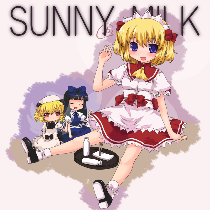 ktsecond, luna child, star sapphire, sunny milk, perfect memento in strict sense, touhou, bad id, bad pixiv id, 3girls, bottle, child, chopsticks, female focus, mini person, minigirl, multiple girls, musical note, sitting