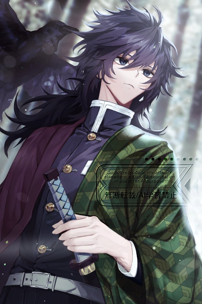 kanzaburou (kimetsu no yaiba), tomioka giyuu, kimetsu no yaiba, 1boy, 7hae9, belt, bird, black hair, black jacket, black pants, blue eyes, buttons, closed eyes, closed mouth, crow, demon slayer uniform, empty eyes, forest, gold buttons, hair between eyes, haori, high collar, holding, holding sword, holding weapon, jacket, japanese clothes, katana, kikkoumon, low ponytail, male focus, nature, outdoors, pants, ponytail, print haori, red haori, snow, solo, spiked hair, sword, upper body, watermark, weapon, white belt