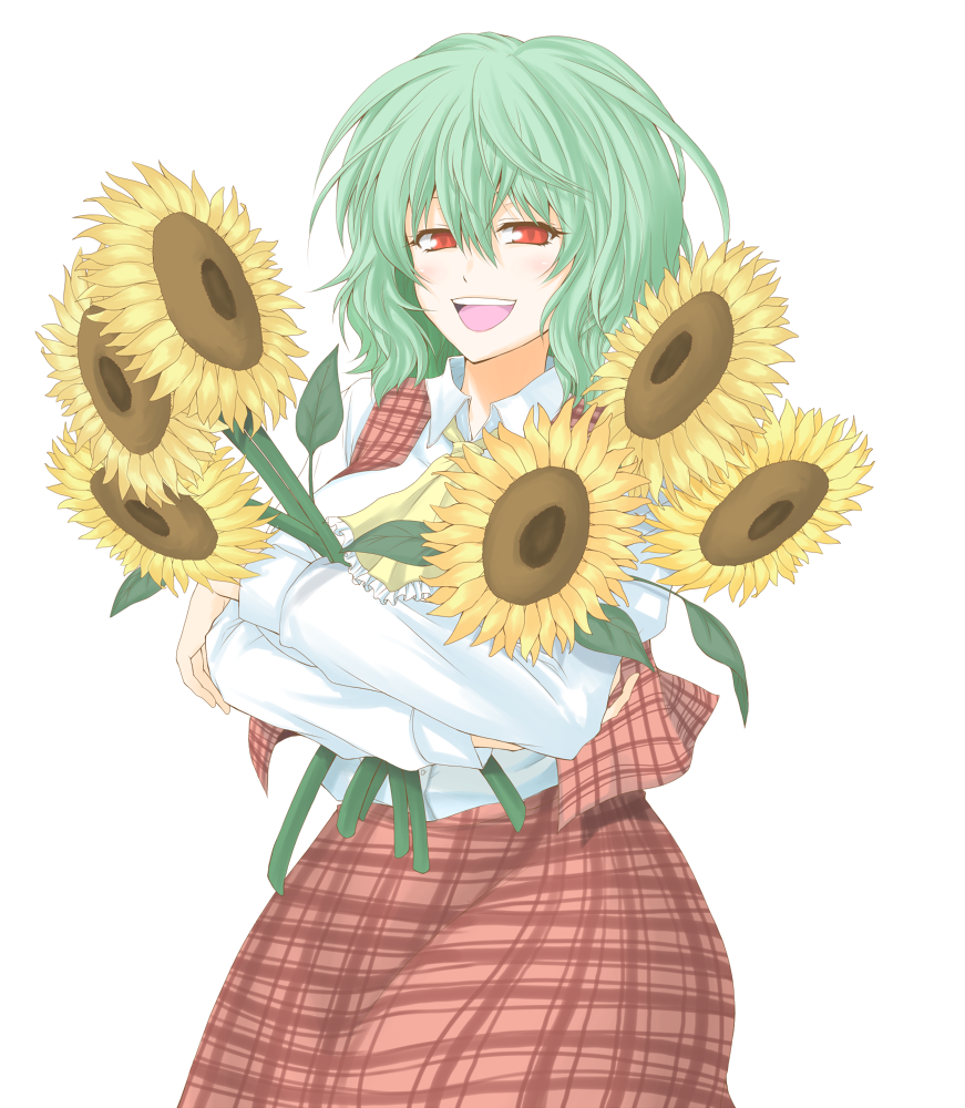 hane (hanegoya), kazami yuuka, touhou, 1girl, ascot, female focus, flower, green hair, holding, holding flower, open mouth, plaid clothes, plaid skirt, plaid vest, red eyes, short hair, skirt, skirt set, smile, solo, sunflower, vest, white background