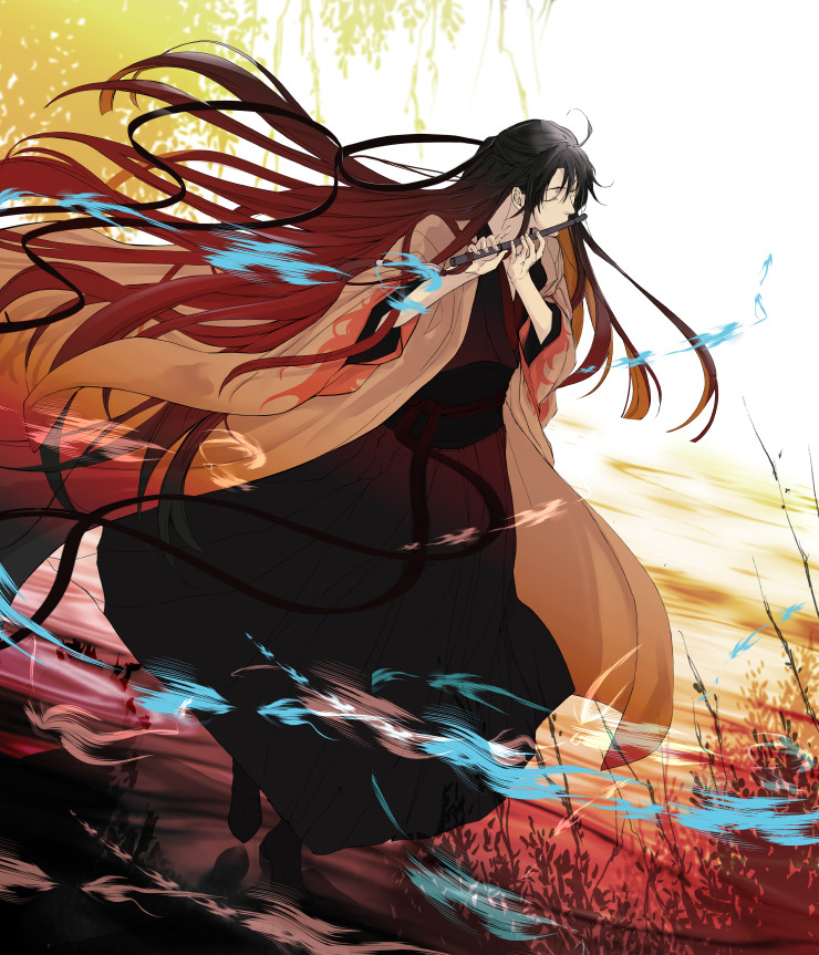 wei wuxian, wei wuxian (yiling laozu), modao zushi, 1boy, ahoge, aura, black boots, black hair, black hanfu, black sash, blue fire, boots, chenqing flute, chinese clothes, closed eyes, coat, dizi, fighting stance, fire, floating hair, flute, full body, grass, grey coat, hair ribbon, hanfu, holding, holding flute, holding instrument, holding weapon, instrument, leaf, long hair, long sleeves, male focus, music, official alternate costume, official alternate hairstyle, open clothes, open coat, outdoors, playing flute, playing instrument, red sash, ribbon, robe, sash, sidelocks, smoke, solo, standing, transverse flute, tree, very long hair, weapon, wide sleeves, wind, wwhiledex2d