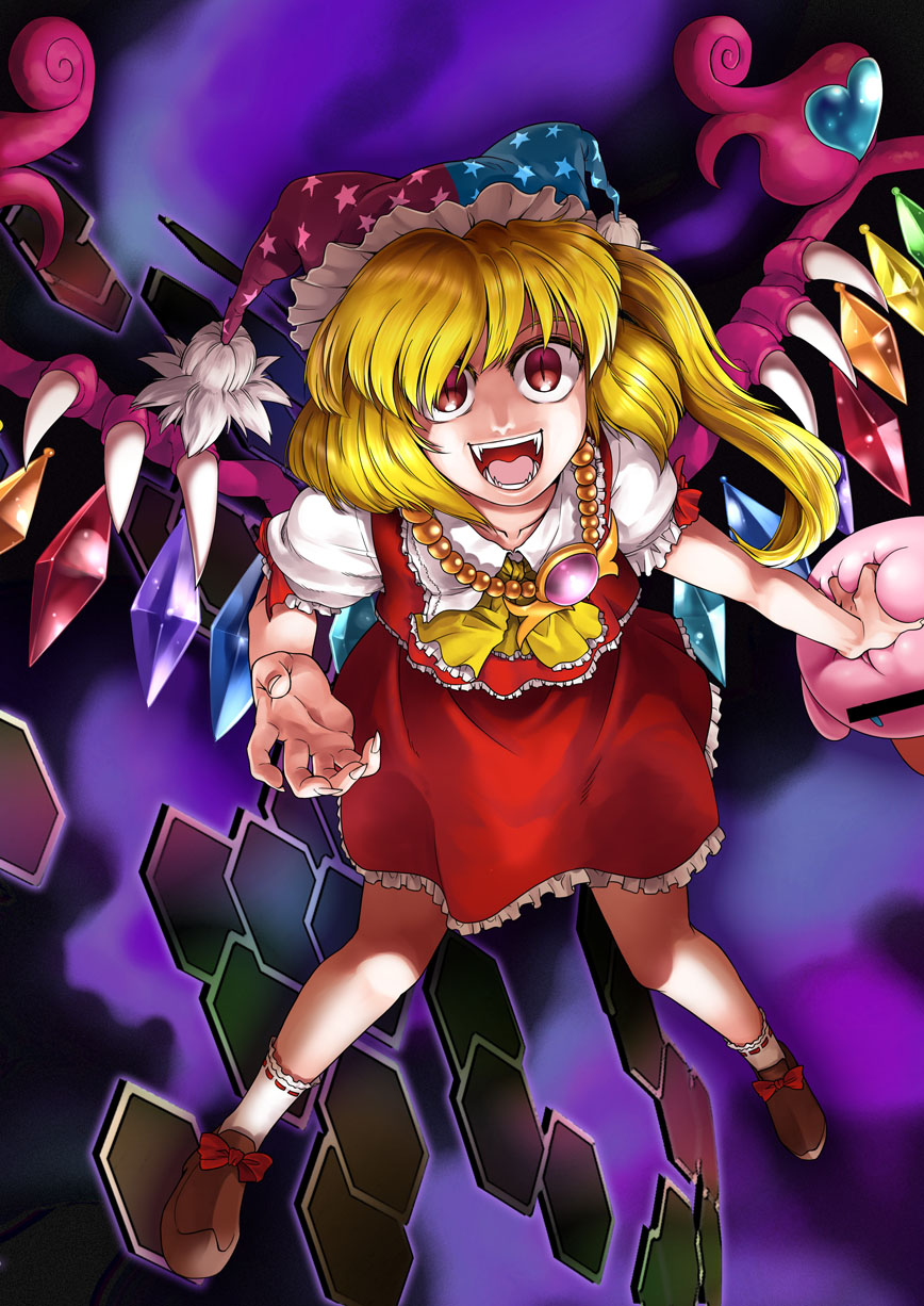 04bou, flandre scarlet, kirby, marx (kirby), marx soul, kirby (series), kirby super star ultra, nintendo, touhou, highres, spoilers, 1girl, alternate wings, blonde hair, censored, censored identity, claws, crazy, crossover, fangs, female focus, fusion, hat, jester cap, jewelry, necklace, parody, red eyes, solo, trait connection, vampire, wings