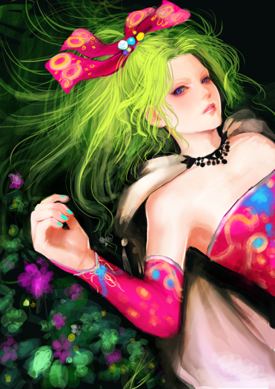 ueda toraji, tina branford, dissidia final fantasy, final fantasy, final fantasy vi, bad id, bad pixiv id, 1990s (style), 1girl, blue eyes, bow, female focus, green hair, long hair, nail polish, pink bow, ponytail, retro artstyle, ribbon, solo