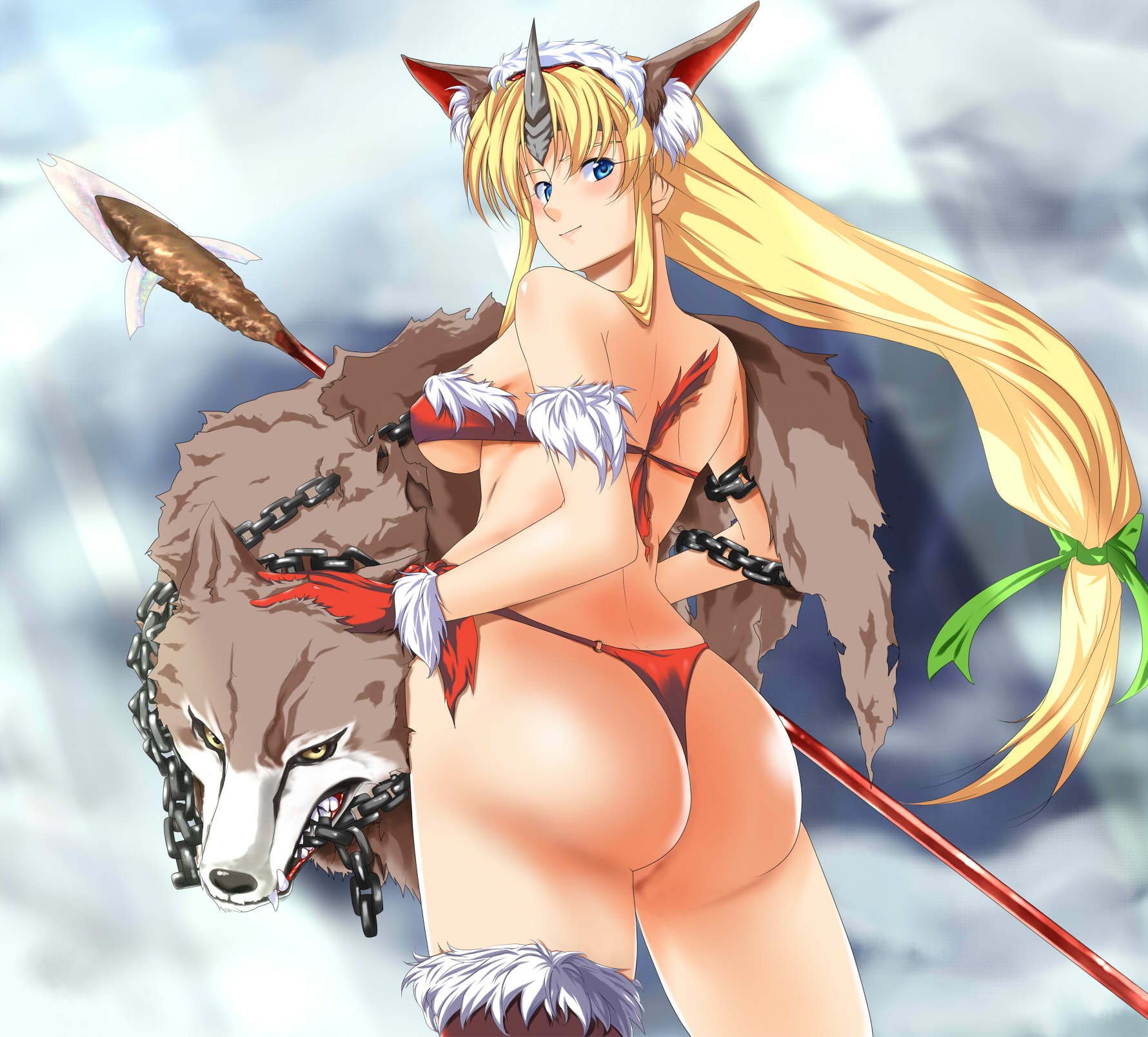tenpura (tenpura621), fenrir knight, riesz, seiken densetsu, seiken densetsu 3, bad id, bad pixiv id, highres, 1girl, animal ears, ass, back, blonde hair, blood, blue eyes, bottomless, breasts, chain, cleavage, female focus, gloves, horns, large breasts, long hair, looking back, low-tied long hair, panties, polearm, single horn, solo, spear, thighhighs, thong, underboob, underwear, weapon, wolf, wolf ears, wolves