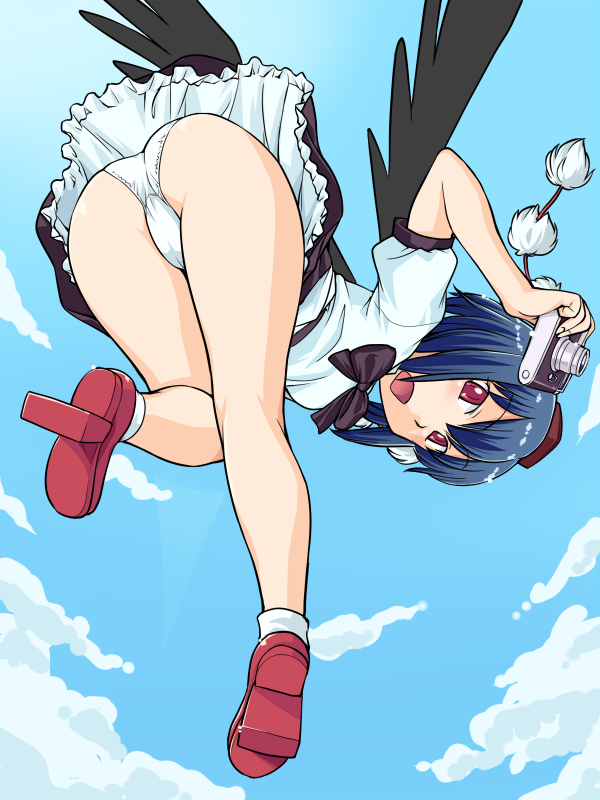 hinemosu notari, shameimaru aya, touhou, bad id, bad pixiv id, 1girl, ass, black hair, female focus, from below, geta, hat, looking at viewer, open mouth, panties, pantyshot, red eyes, short hair, solo, tengu-geta, tokin hat, underwear, upskirt, white panties