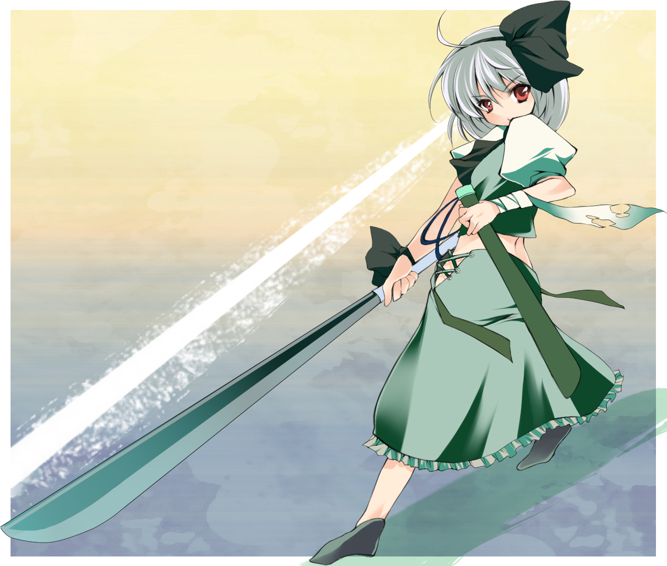 atoshi, konpaku youmu, touhou, silver hair, bad id, bad pixiv id, 1girl, female focus, gradient background, katana, ribbon, skirt, solo, sword, weapon