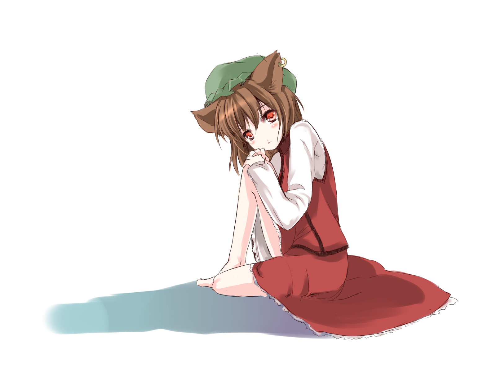 atoshi, chen, touhou, bad id, bad pixiv id, highres, 1girl, animal ears, barefoot, brown hair, cat ears, cat girl, cat tail, dress, earrings, female focus, hat, jewelry, red eyes, solo, tail, white background