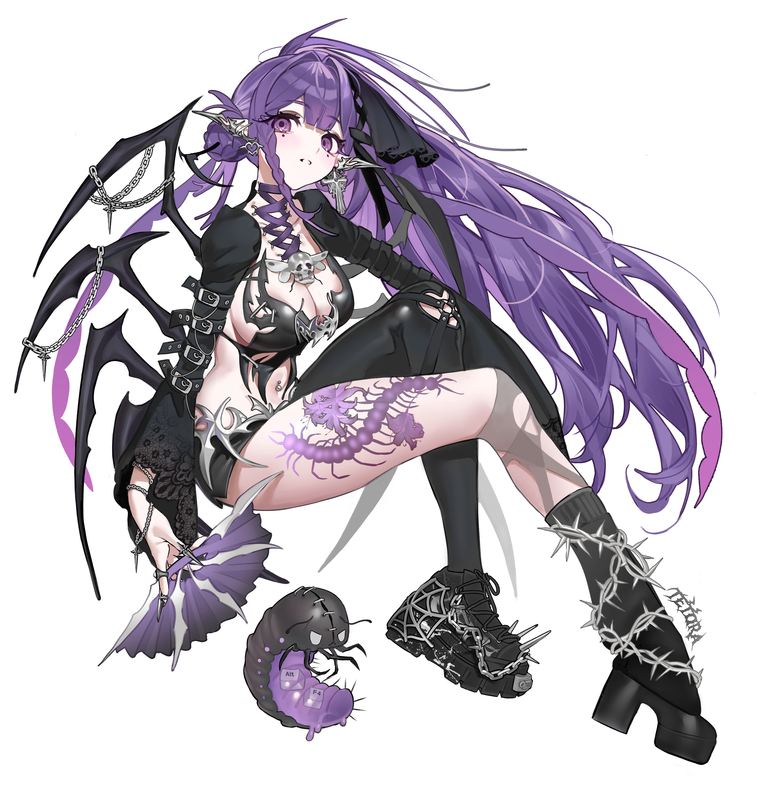 666666ttr, original, absurdres, highres, 1girl, asymmetrical clothes, black socks, hand fan, mole, mole under eye, navel piercing, piercing, pointy ears, purple eyes, purple hair, single pantsleg, sitting, socks, solo, tattoo