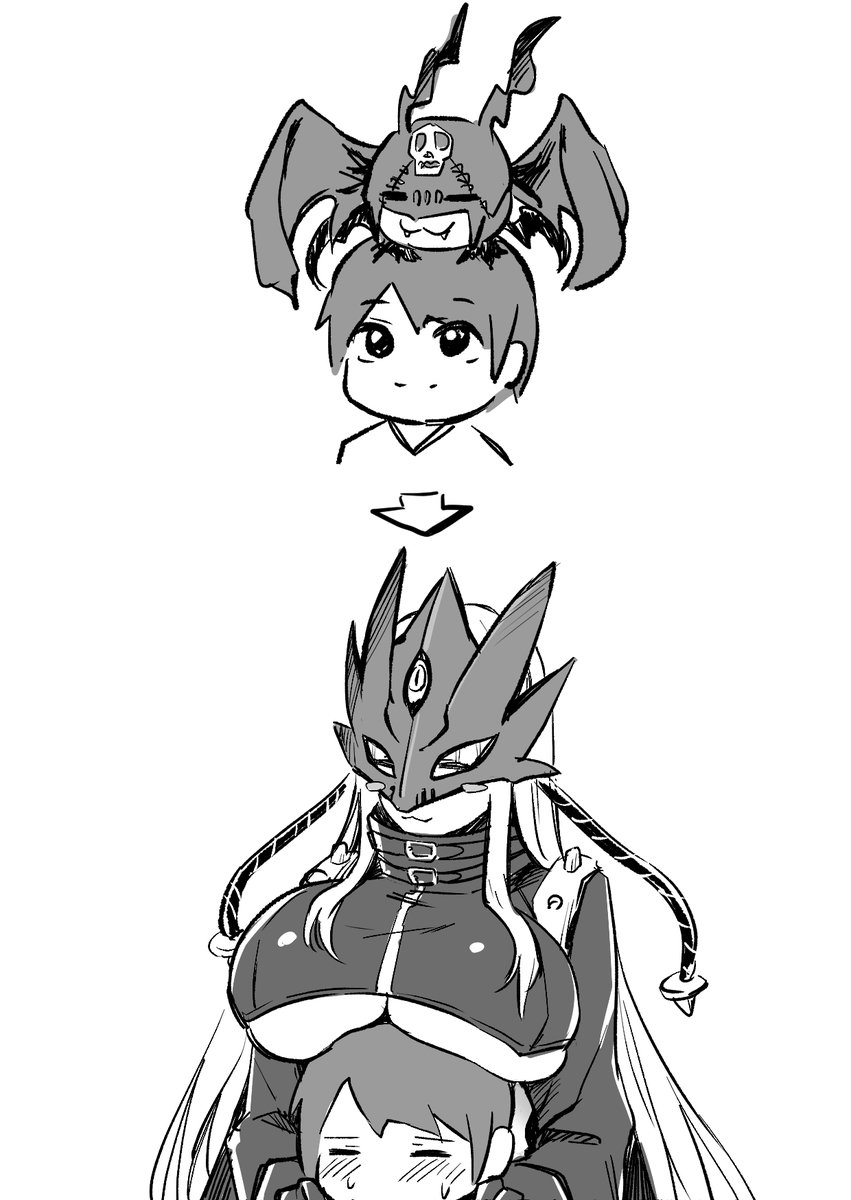 nekomaru (nekko 11kf00), beelstarmon, picodevimon, digimon, highres, 1boy, 1girl, age difference, arrow (symbol), breasts, closed eyes, digimon (creature), evolutionary line, eye mask, gloves, large breasts, long hair, mask, monochrome, onee-shota, revealing clothes, simple background, sketch, smile, teeth, third eye, underboob, upper teeth only