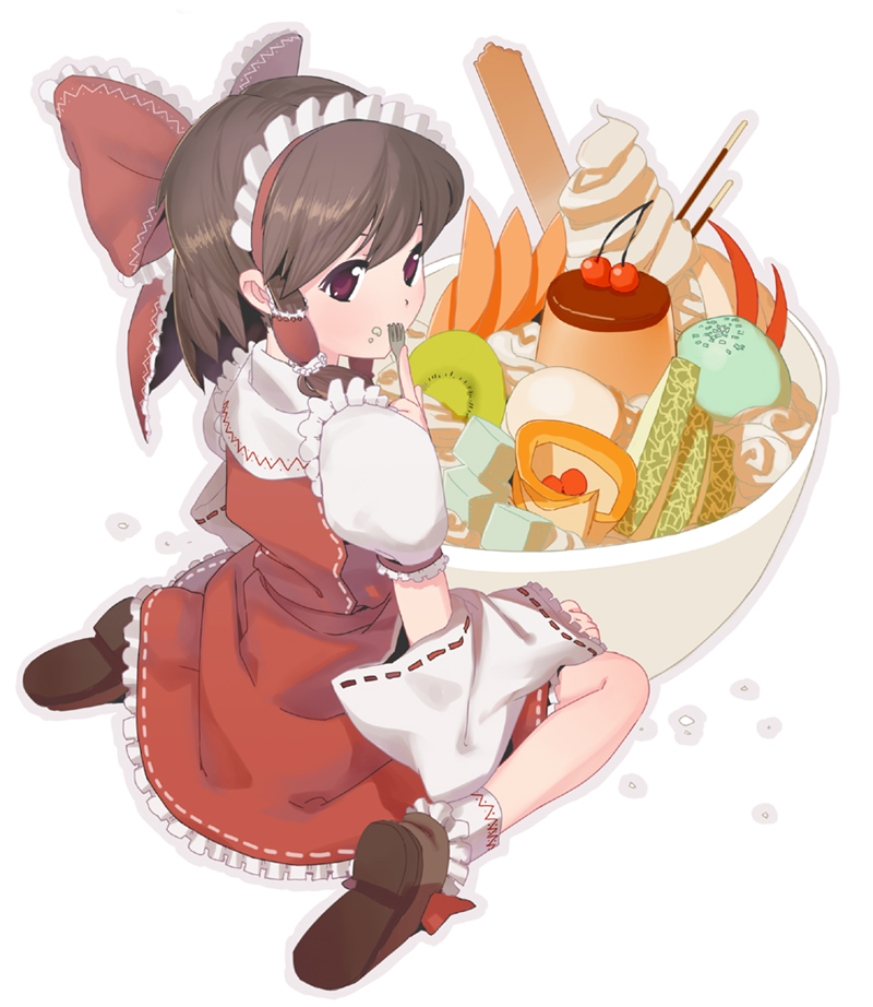 match (idleslumber), hakurei reimu, touhou, bad id, bad pixiv id, 1girl, bonnet, bow, brown hair, detached sleeves, eating, female focus, food, fork, full body, hair bow, hairband, ice cream, japanese clothes, miko, pocky, ribbon, short hair, sitting, solo, sundae, white background