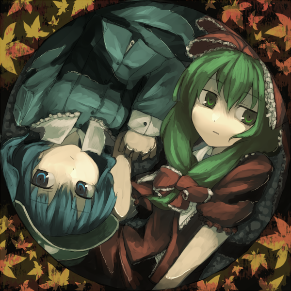 kitsune (kazenouta), kitsune (pixiv), kagiyama hina, kawashiro nitori, touhou, bad id, bad pixiv id, 2girls, female focus, front ponytail, leaf, multiple girls