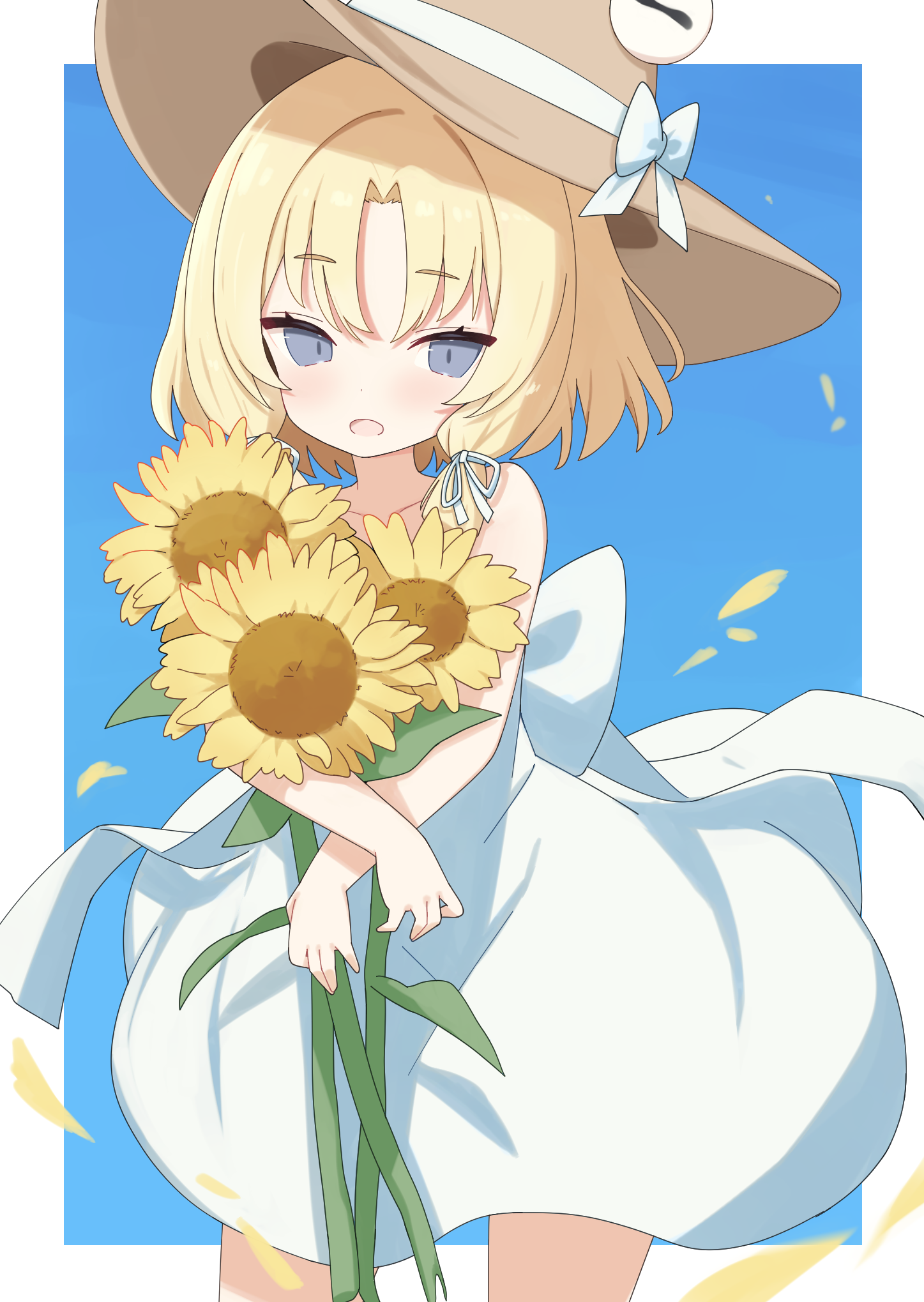 burumanoeat, moriya suwako, touhou, highres, 1girl, blonde hair, blue background, blue eyes, blush, border, dress, flower, hat, looking at viewer, open mouth, outside border, solo, sunflower, white border, white dress