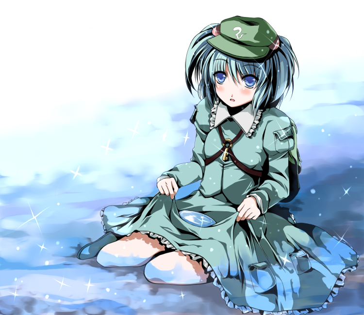 atoshi, kawashiro nitori, touhou, bad id, bad pixiv id, 1girl, backpack, bag, blue eyes, blue hair, dress, female focus, full body, gradient background, hat, matching hair/eyes, randoseru, solo, two side up, white background
