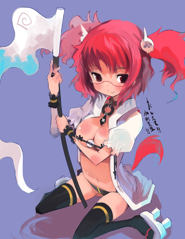 hiruma andon, ke1rou, onozuka komachi, touhou, translated, 1girl, bespectacled, bottomless, breasts, cleavage, female focus, glasses, large breasts, open clothes, open shirt, panties, red eyes, red hair, scythe, shirt, solo, tail, thighhighs, twintails, two side up, underwear