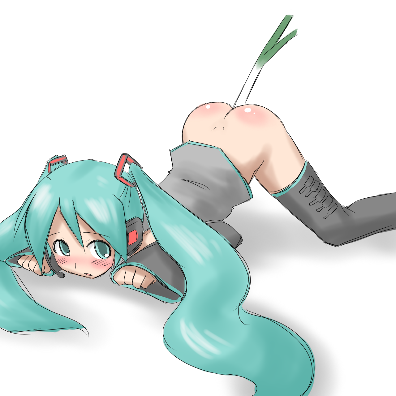 aaaa (quad-a), hatsune miku, vocaloid, bad id, bad pixiv id, highres, 1girl, aqua eyes, aqua hair, ass, bent over, blush, bottomless, detached sleeves, dildo, dimples of venus, female focus, food, food insertion, green eyes, green hair, hair between eyes, headphones, long hair, looking at viewer, matching hair/eyes, negi suppository, object insertion, sex toy, shadow, simple background, sketch, solo, spring onion, thighhighs, top-down bottom-up, twintails, vegetable, very long hair, white background