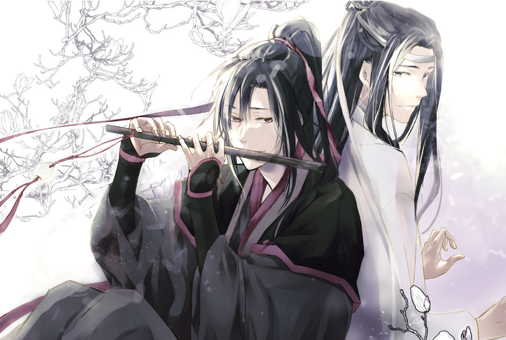 lan wangji, wei wuxian, modao zushi, 2boys, back-to-back, black hair, black hanfu, branch, chenqing flute, chinese clothes, closed mouth, dizi, flute, flute tassel, hair ribbon, hanfu, headband, holding, holding flute, holding instrument, instrument, long hair, looking at viewer, male focus, multiple boys, music, playing flute, playing instrument, ponytail, red eyes, red ribbon, ribbon, robe, sidelocks, sitting, sleeves past wrists, smile, tassel, topknot, transverse flute, white hanfu, white headband, wwhiledex2d, yaoi, yellow eyes