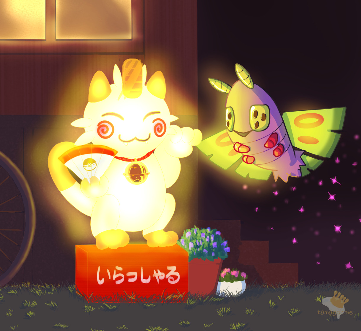 dustox, meowth, nintendo, pokemon, artist name, flower, gen 1 pokemon, gen 3 pokemon, glowing, maneki-neko, night, no humans, outdoors, plant, pokemon (creature), potted plant, sparkle, statue, tamagohime, window