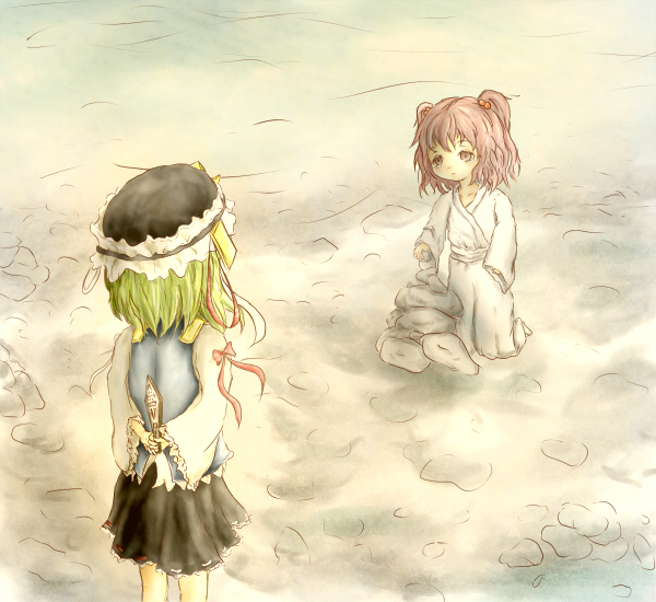 amano jack, onozuka komachi, shiki eiki, touhou, bad id, bad pixiv id, 2girls, aged down, female focus, green hair, hair bobbles, hair ornament, hat, multiple girls, pink eyes, pink hair, rod of remorse, twintails, two side up