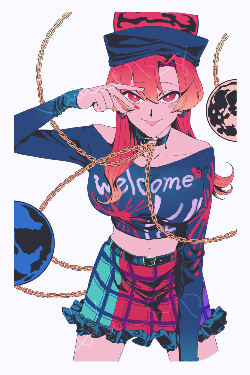 raya (uk 0128), hecatia lapislazuli, touhou, commentary, highres, 1girl, bare shoulders, black shirt, breasts, chain, choker, collarbone, earth (ornament), frills, hand up, large breasts, long hair, long sleeves, looking at viewer, midriff, moon (ornament), multicolored skirt, nail polish, navel, off-shoulder shirt, off shoulder, plaid clothes, plaid skirt, red eyes, red hair, red nails, shirt, skirt, smile, solo, thighs, tongue, tongue out, twitter username, underworld (ornament), white background