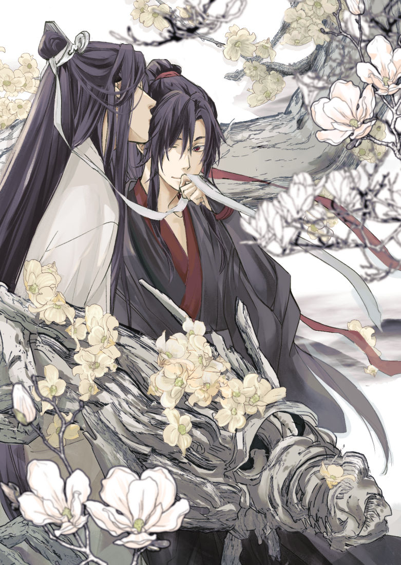 lan wangji, wei wuxian, modao zushi, 2boys, black hair, black hanfu, blurry, blurry foreground, branch, chinese clothes, closed eyes, closed mouth, couple, flower, hair ribbon, hanfu, holding, holding ribbon, kissing hair, long hair, long sleeves, looking at viewer, male focus, multiple boys, ponytail, red eyes, red ribbon, ribbon, ribboned xiao guan, robe, sitting, smile, topknot, tree, very long hair, white flower, white hanfu, white ribbon, wide sleeves, wwhiledex2d, xiao guan (headdress), yaoi, yellow flower