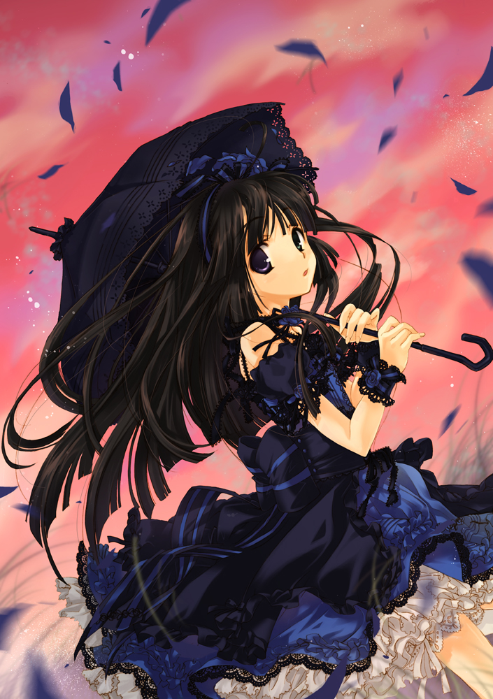 yuki (127), z107m, original, bare shoulders, black hair, blue eyes, bow, dress, feathers, gothic lolita, green eyes, hair bow, heterochromia, lolita fashion, long hair, sky, solo, umbrella, victorian