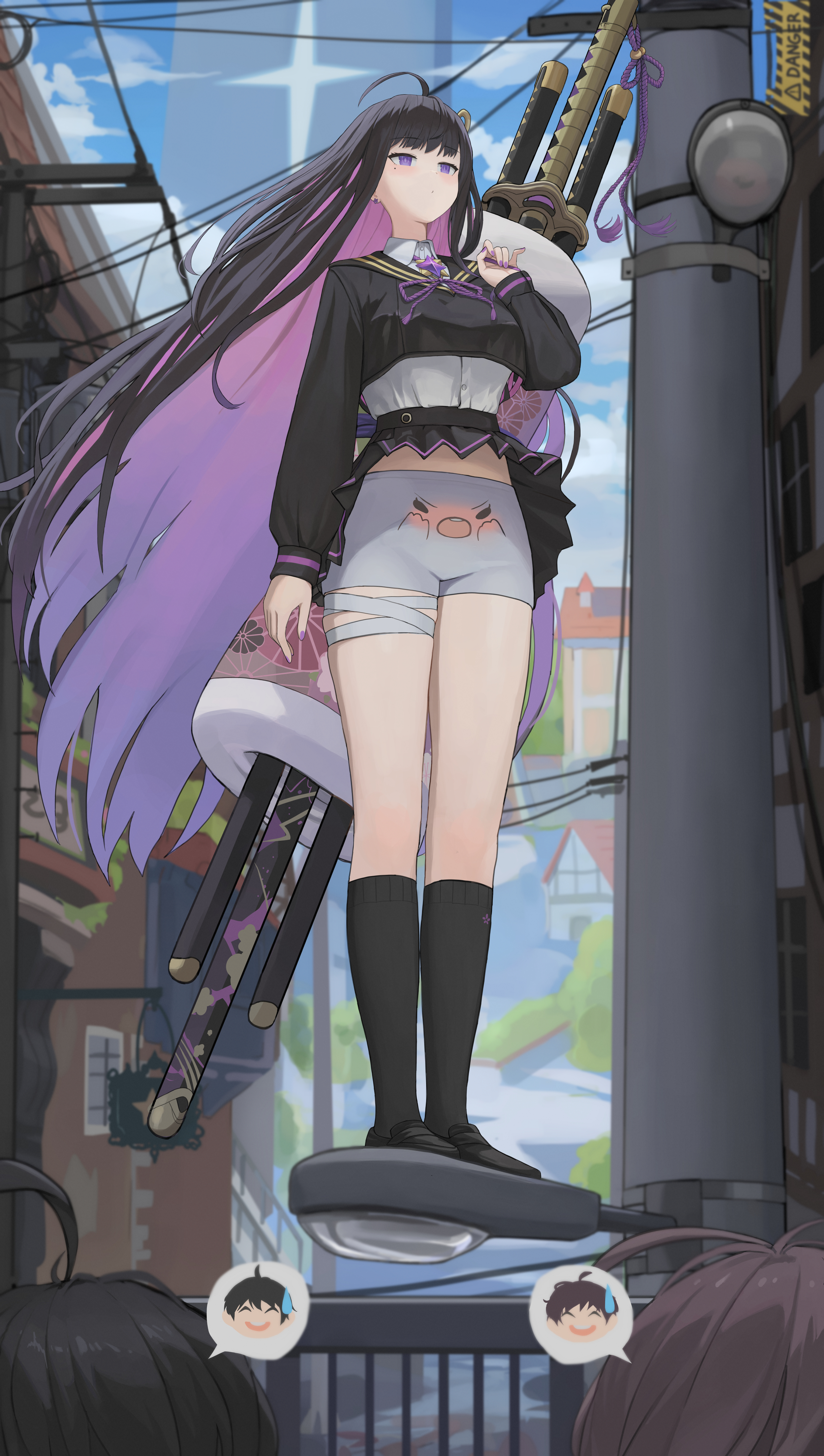 dolri, chitose (stella sora), stella sora, absurdres, highres, bandage on leg, bandage on thigh, bandaged leg, bandages, black hair, black sailor collar, black serafuku, clothes lift, colored inner hair, cropped jacket, expressionless, long hair, mole, mole under eye, multicolored hair, nail polish, pleated skirt, purple ribbon, ribbon, sailor collar, school uniform, serafuku, shirt, shorts, skirt, skirt lift, solo focus, standing, sword, sword on back, weapon, weapon on back, white shirt, white shorts, wind, wind lift