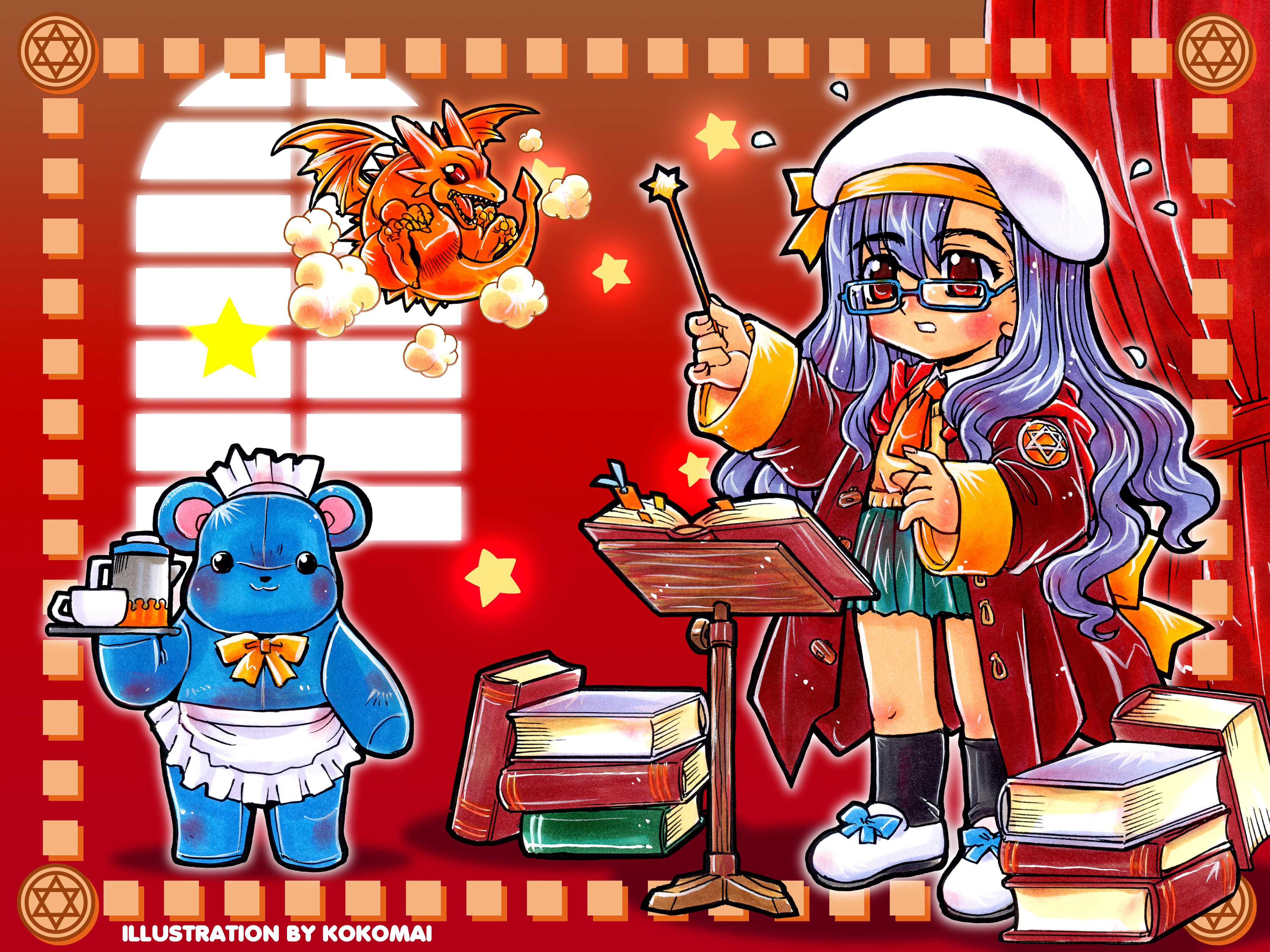 kokomahi, original, absurdres, commentary, highres, official art, 1girl, apron, aqua skirt, arm up, artist name, beret, black socks, blue-framed eyewear, blue bow, blue hair, book, book stack, bookmark, bow, bowtie, brown coat, coat, coffee pot, collared shirt, cup, dragon, flying, flying sweatdrops, footwear bow, glasses, hat, hat bow, hexagram, holding, holding tray, holding wand, long hair, long sleeves, magic, maid apron, maid headdress, open book, open clothes, open coat, parted lips, pleated skirt, red eyes, sharp teeth, shirt, shoes, skirt, sleeves past wrists, socks, solo, standing, star (symbol), star wand, stuffed animal, stuffed toy, sweater vest, teddy bear, teeth, tray, waist apron, wand, wavy hair, white hat, white shirt, white shoes, window, yellow bow, yellow bowtie, yellow sweater vest