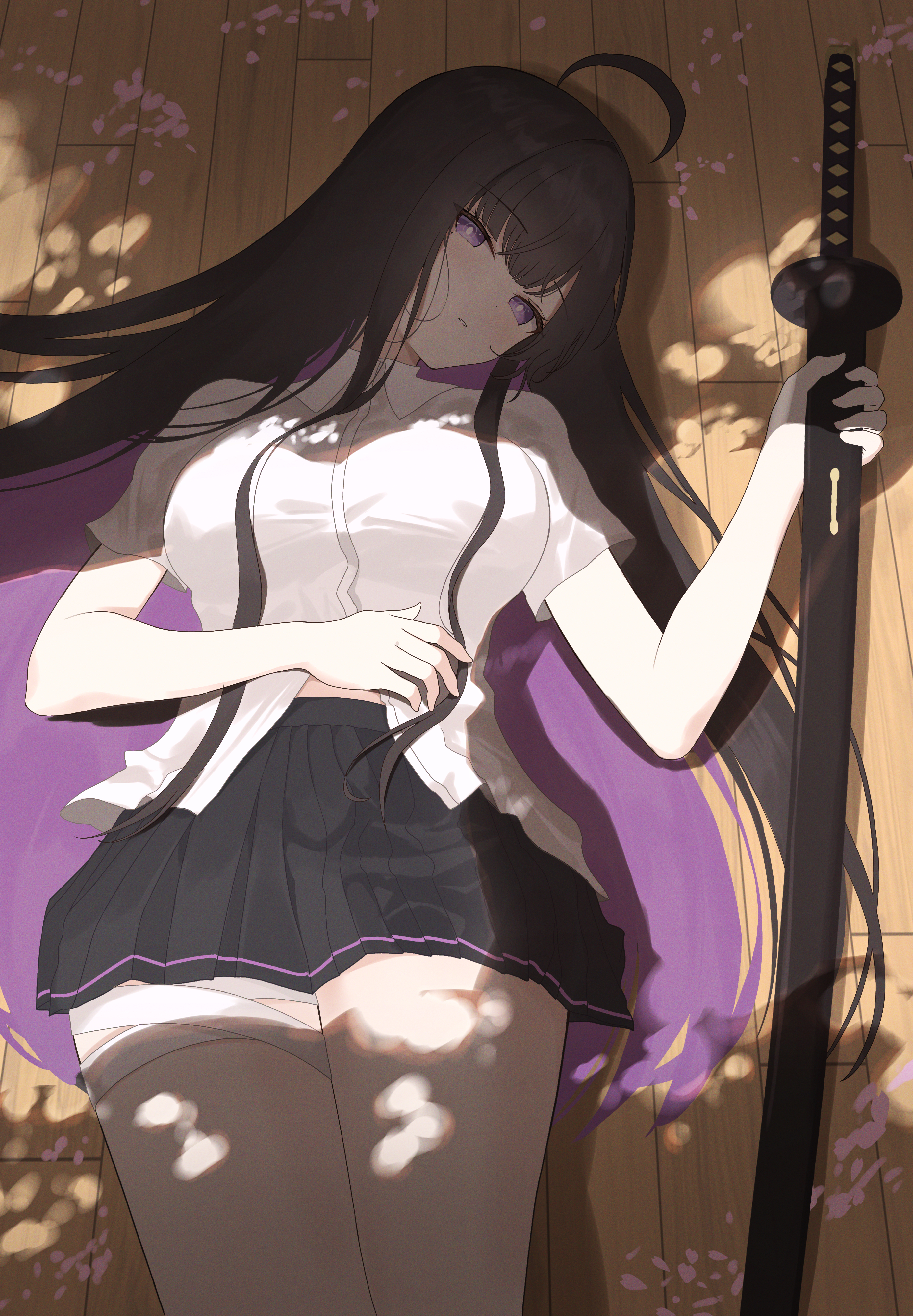 nanashi1329, chitose (stella sora), stella sora, absurdres, highres, ahoge, bandage on leg, bandage on thigh, black hair, black skirt, colored inner hair, holding, holding sword, holding weapon, katana, looking at viewer, lying, mole, mole under eye, multicolored hair, on back, shirt, skirt, sword, weapon, white shirt