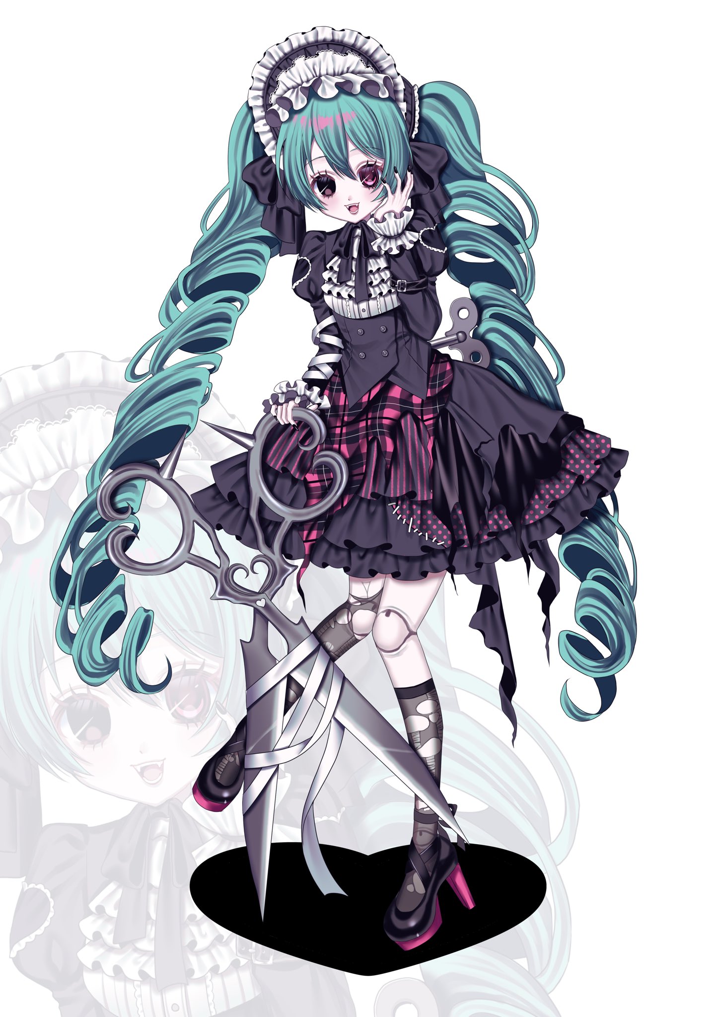 yuni (s ribbon), hatsune miku, vocaloid, commentary request, highres, 1girl, accurate lolita coord, alternate costume, alternate eye color, alternate hairstyle, aqua hair, bandages, black dress, black eyes, bonnet, doll joints, dress, drill hair, fashion, faux figurine, frilled dress, frills, gothic lolita, heterochromia, high heels, joints, lolita fashion, long hair, long sleeves, oversized object, red eyes, scissors, solo, thighhighs, torn clothes, torn thighhighs, twin drills, very long hair