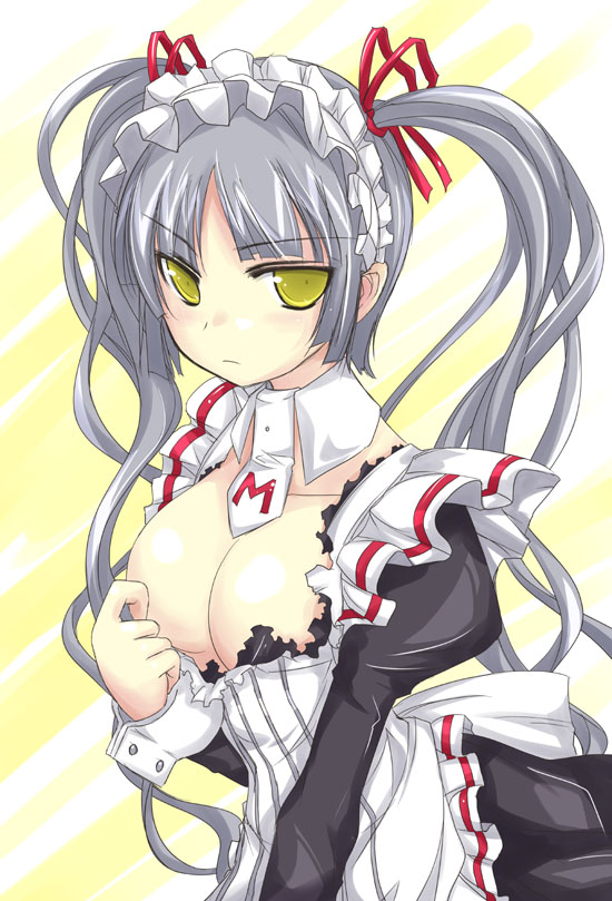 yumesato makura, shinouji matsurika, maria holic, original, silver hair, 00s, 1girl, breasts, expressionless, female focus, large breasts, maid, solo, torn clothes, twintails, yellow eyes