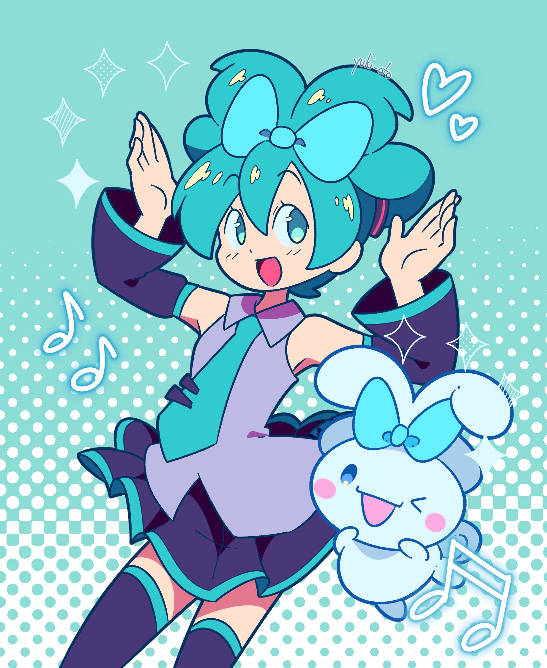 yuki oto, cinnamoroll, hatsune miku, fuwa fuwa cinnamoroll, sanrio, vocaloid, highres, 1boy, 1girl, :d, aqua background, aqua bow, aqua eyes, aqua hair, aqua necktie, beamed sixteenth notes, ben-day dots, black skirt, black sleeves, blush, bow, bow-shaped hair, detached sleeves, dog, eighth note, grey shirt, hair bow, heart, long hair, musical note, necktie, one eye closed, open mouth, screentones, shirt, skirt, sleeveless, sleeveless shirt, smile, sparkle, white dog
