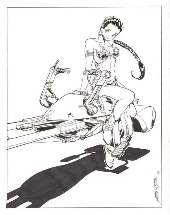 john staton, huttslayer leia, princess leia, star wars, tagme, 1girl, animification, female focus, greyscale, monochrome, solo