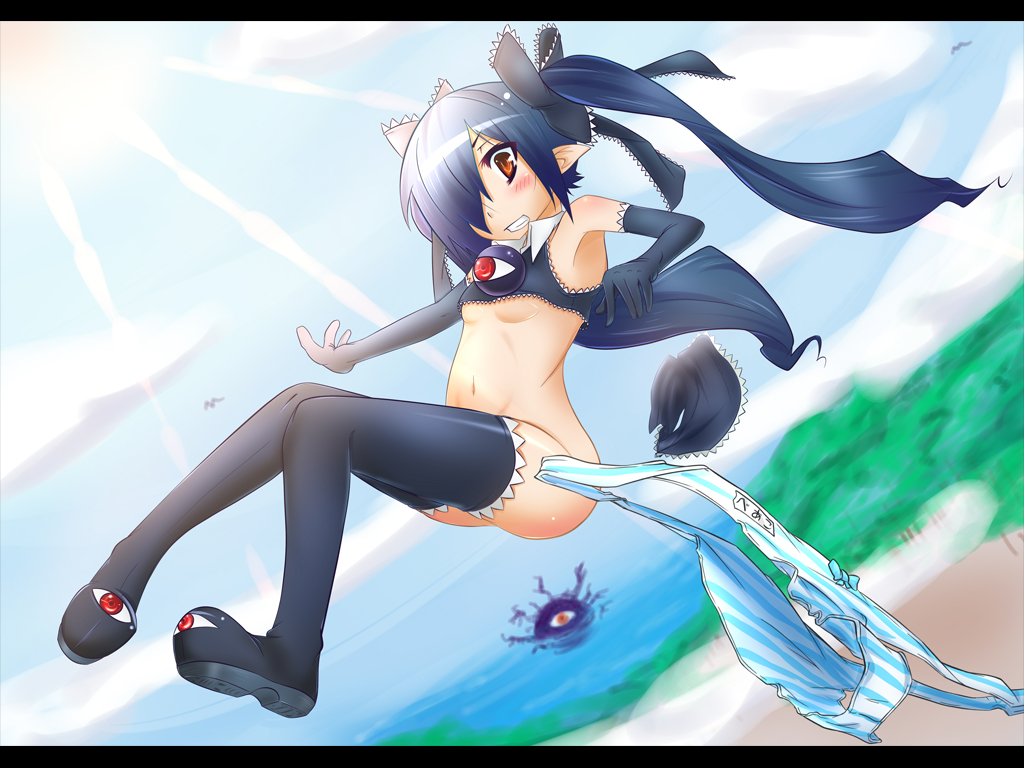 nacl, backbeako (torotei), backbeard, gegege no kitarou, original, 1girl, black hair, blue eyes, blush, boots, bottomless, bow, bow panties, breasts, chain, cleavage, cloud, day, denim, denim shorts, detached sleeves, female focus, long hair, orange eyes, panties, pointy ears, scar, shirt, shorts, sky, small breasts, solo, standing, striped clothes, striped panties, thigh boots, thighhighs, twintails, underboob, underwear, unworn panties