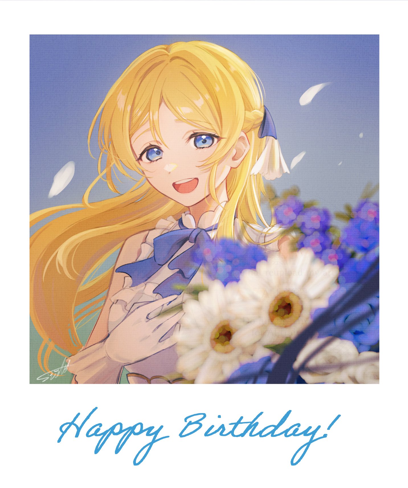 suito, ayase eli, love live!, love live! school idol project, commentary, highres, 1girl, birthday, blonde hair, blue eyes, breasts, english text, flower, gloves, half updo, hand on own chest, happy birthday, large breasts, long hair, looking at viewer, signature, solo, upper body, white gloves, white petals