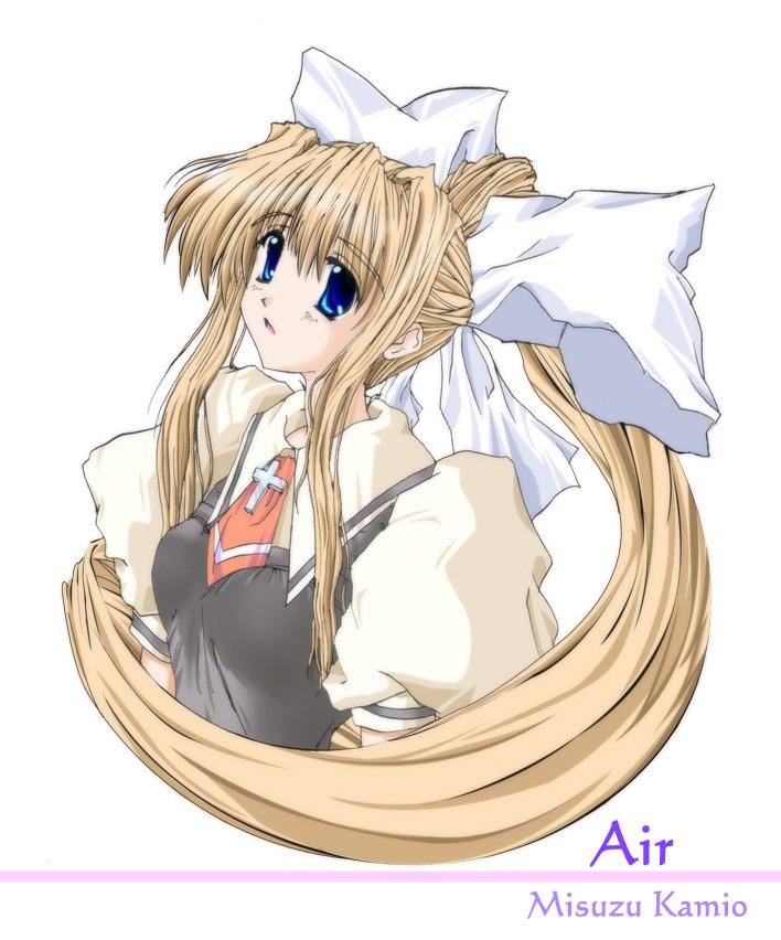 nanase tatsuki (aurora illusion), kamio misuzu, air (visual novel), commentary request, 1girl, ascot, black vest, blonde hair, blue eyes, breasts, character name, collared shirt, copyright name, cropped torso, cross, cross ornament, hair ribbon, latin cross, long hair, long sidelocks, medium breasts, parted lips, ponytail, puffy short sleeves, puffy sleeves, red ascot, ribbon, school uniform, shirt, short sleeves, sidelocks, simple background, solo, very long hair, vest, white background, white ribbon, yellow shirt