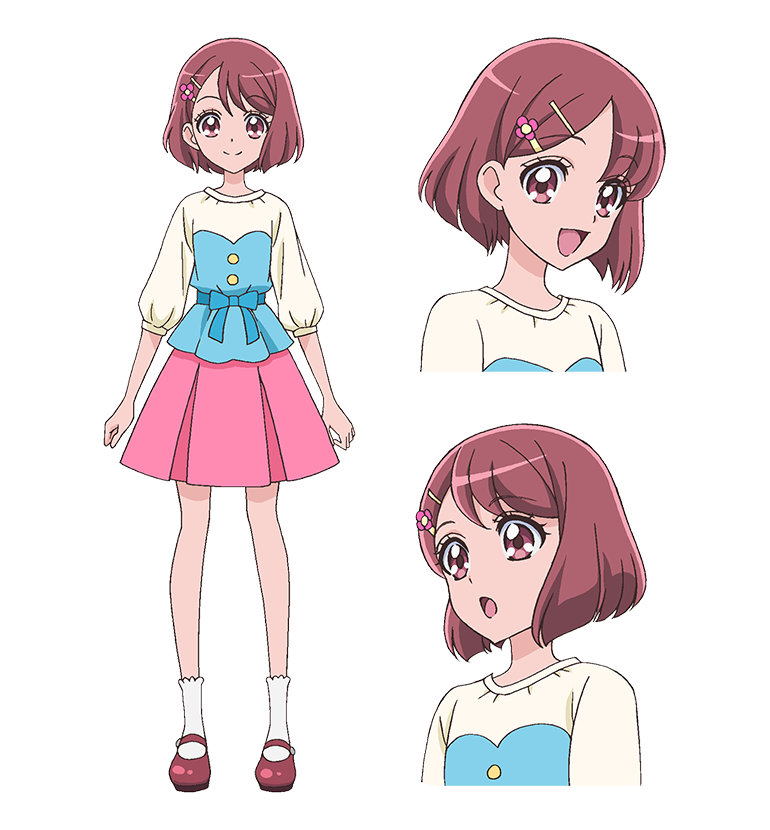 hanadera nodoka, healin' good precure, precure, official art, second-party source, 1girl, :d, :o, blue ribbon, blunt ends, brown eyes, brown hair, cropped torso, flower, full body, hair flower, hair ornament, hairclip, looking at viewer, multiple expressions, multiple views, open mouth, pink skirt, pleated skirt, red shoes, ribbon, shirt, shoes, short hair, simple background, skirt, smile, socks, standing, transparent background, white shirt, white socks