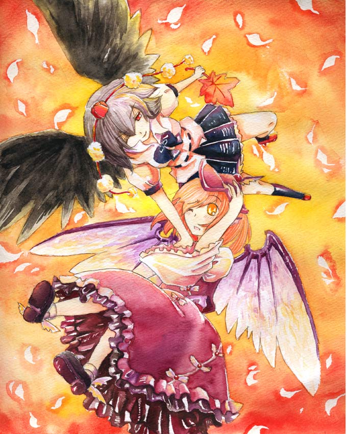 shiroaisa, mystia lorelei, shameimaru aya, touhou, millipen (medium), painting (medium), pen (medium), traditional media, watercolor (medium), 2girls, black hair, black wings, feathers, female focus, geta, hand fan, hat, multiple girls, one eye closed, red eyes, short hair, tengu-geta, tokin hat, wings, wink