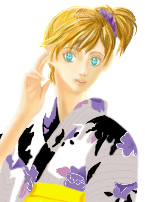 hoshino mami, misty (pokemon), nintendo, pokemon, 1girl, blue eyes, female focus, japanese clothes, kimono, orange hair, short hair, side ponytail, simple background, solo, white background