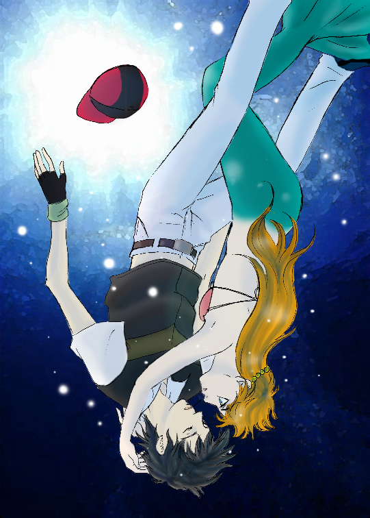 hoshino mami, ash ketchum, mermaid misty (pokemon), misty (pokemon), nintendo, pokemon, pokemon (anime), 1boy, 1girl, alternate costume, belt, bikini, bikini top only, black hair, blue eyes, bubble, child, closed eyes, fingerless gloves, gloves, hat, hug, imminent kiss, long hair, mermaid, midriff, monster girl, orange hair, short hair, swimsuit, underwater, unworn hat, unworn headwear, upside-down, water