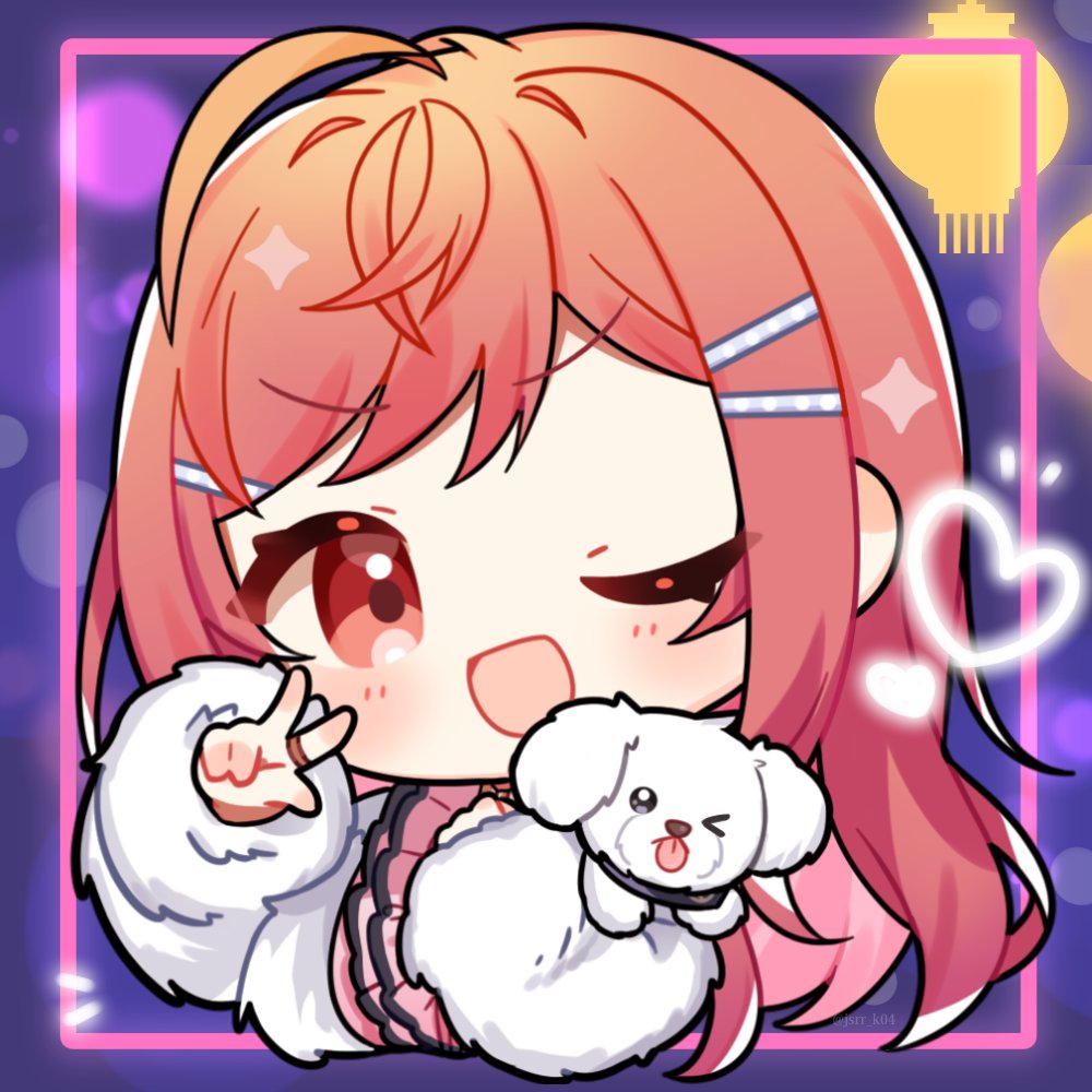 kashiwase karune, ichijou ririka, ichijou ririka (1st costume), hololive, hololive dev is, commentary request, 1girl, :d, ahoge, blush, chibi, chibi only, dog, hair ornament, hairclip, hand up, heart, long hair, long sleeves, looking at viewer, open mouth, parallel hairclips, pink shirt, purple background, red eyes, red hair, shirt, smile, solo, uni (ichijou ririka), upper body, virtual youtuber, w