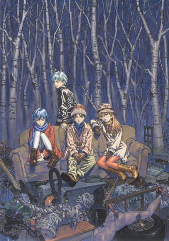 sadamoto yoshiyuki, yoshinari kou, yoshinari you, ayanami rei, ikari shinji, nagisa kaworu, souryuu asuka langley, neon genesis evangelion, messy, 2boys, 2girls, blue hair, boots, brown upholstery, camping, coat, couch, dosser, forest, gloves, guitar, hat, homeless, instrument, mannequin, mittens, multiple boys, multiple girls, nature, night, outdoors, pale skin, pantyhose, phone, red eyes, red hair, scarf, short hair, tree, vagrant, winter clothes