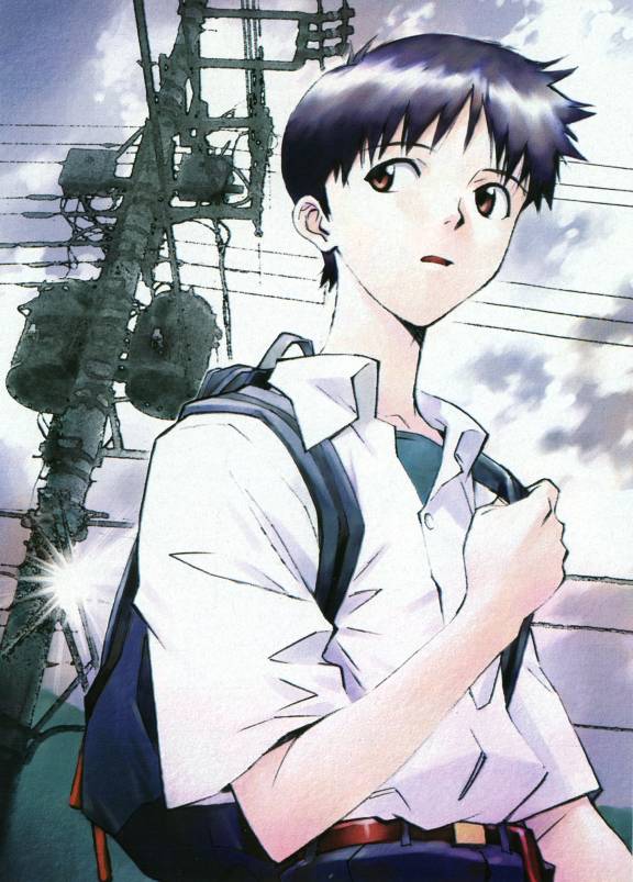 sadamoto yoshiyuki, ikari shinji, neon genesis evangelion, neon genesis evangelion (manga), official art, 1boy, :o, backpack, bag, belt, buckle, cloud, cloudy sky, collared shirt, day, dress shirt, holding, long hair, male focus, outdoors, parted lips, power lines, school, school uniform, shirt, sky, skyline, solo, utility pole, very long hair