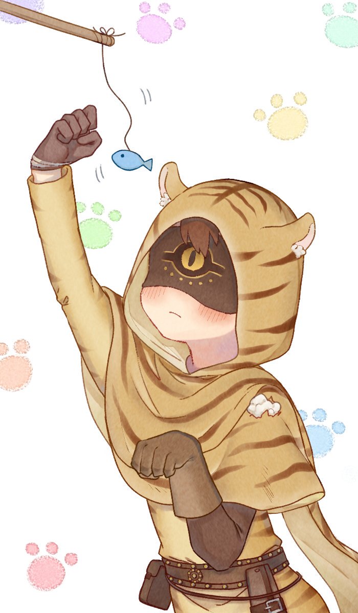 0sushi a, eli clark, eli clark (longing tiger), identity v, highres, 1boy, animal ear fluff, animal hood, arm up, asymmetrical sleeves, belt, belt pouch, blindfold, blush, brown belt, brown capelet, brown gloves, brown hair, capelet, cat teaser, frown, gloves, hood, hood up, male focus, mismatched sleeves, official alternate costume, paw print, paw print background, pouch, striped blush, tiger boy, tiger hood, upper body