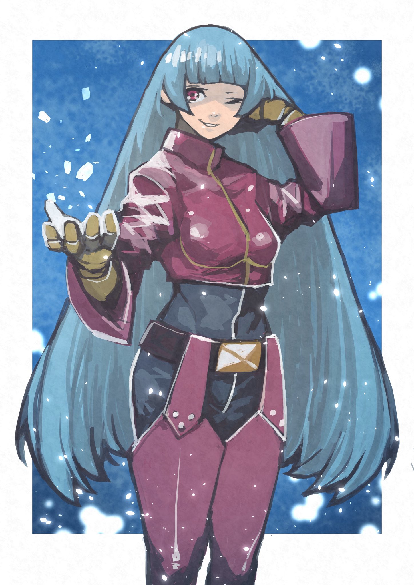 e-kaki, kula diamond, the king of fighters, highres, 1girl, blue hair, border, gloves, grin, hand in own hair, happy, long hair, one eye closed, red eyes, smile, snowing, solo, white border, yellow gloves