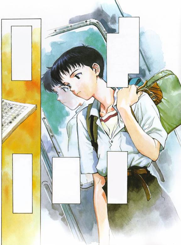 sadamoto yoshiyuki, ikari shinji, neon genesis evangelion, neon genesis evangelion (manga), 1boy, backpack, bag, black hair, male focus, school uniform, solo, speech bubble